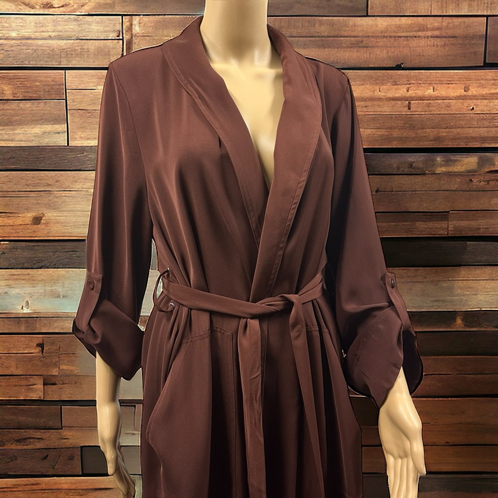 DR2 Daniel Rainn Long Woven Open Belted Trench Coat Chestnut Nordstrom Womens L - Picture 5 of 15